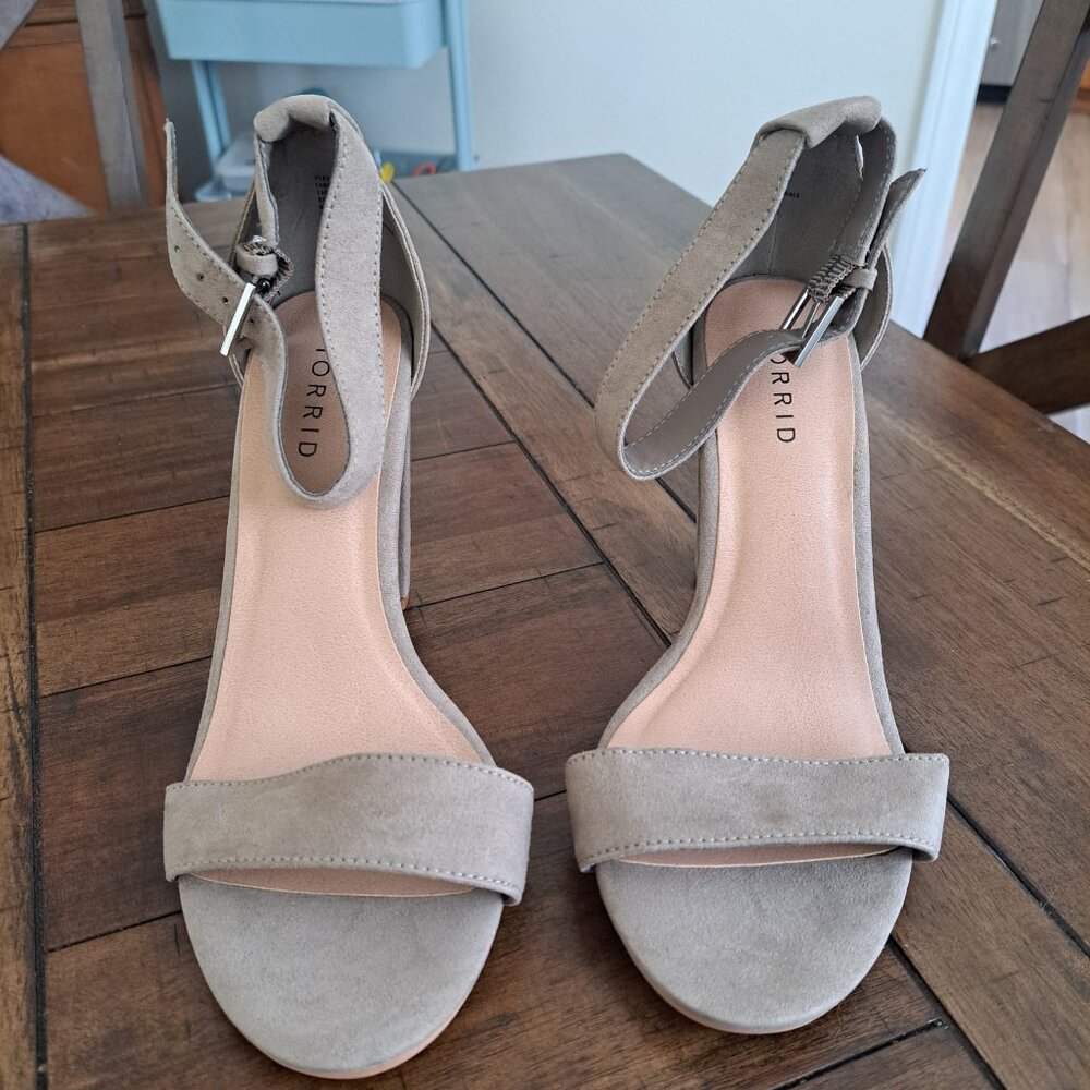 Torrid Two-Strap Taupe Tapered Heel Suede-Like Size 8